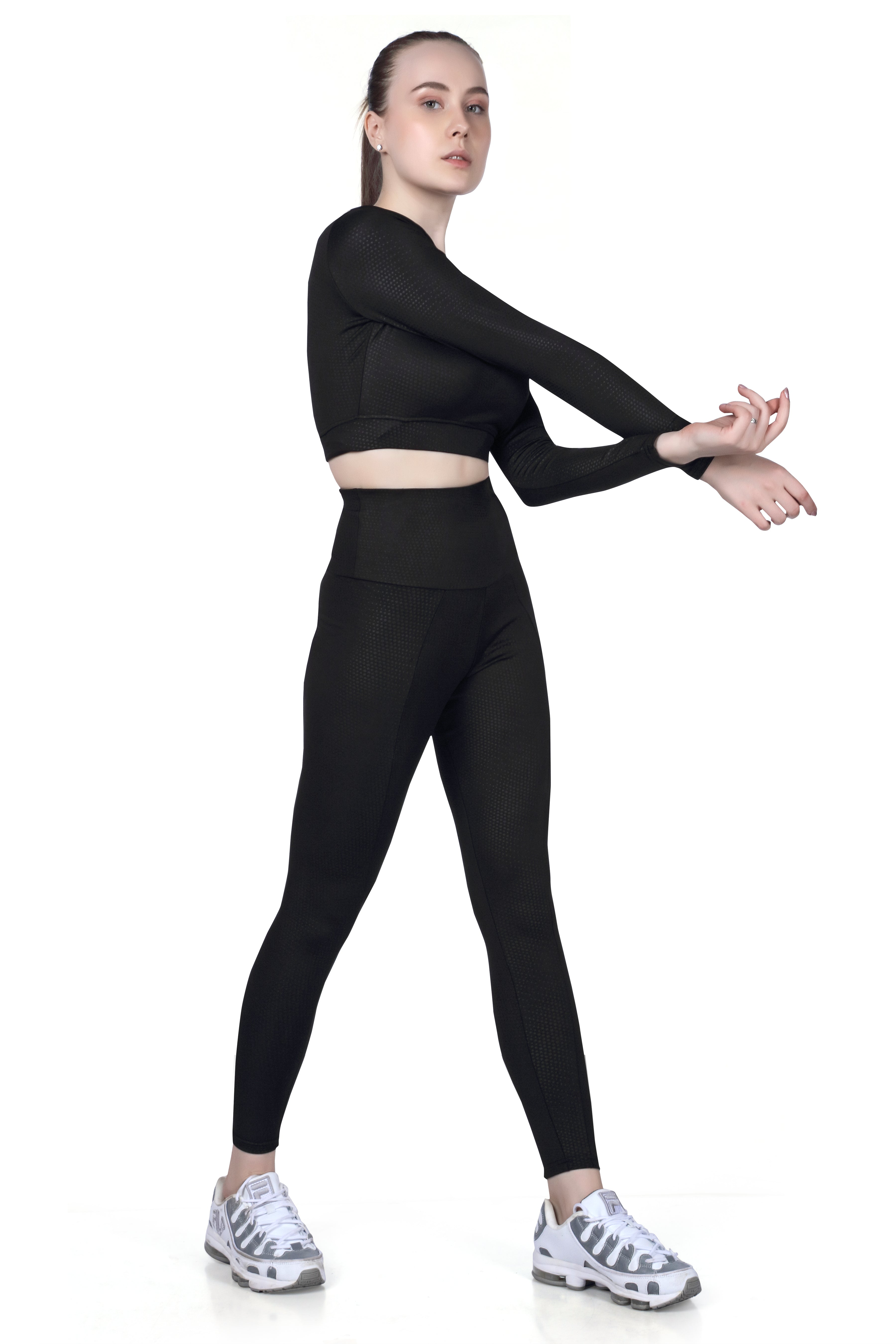 Scoop Backless Crop Top – Full Sleeve Dot Print
