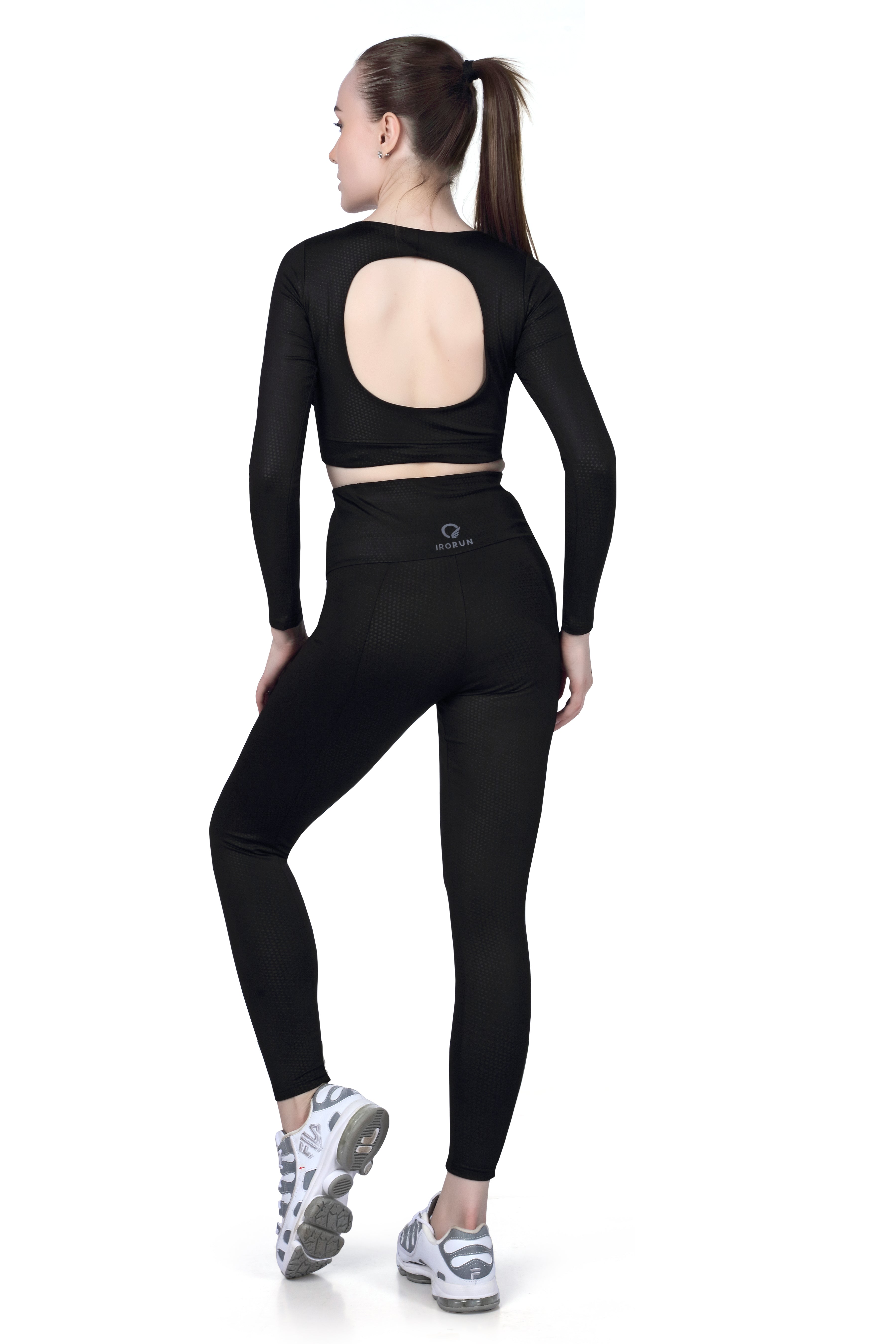 Scoop Backless Crop Top – Full Sleeve Dot Print