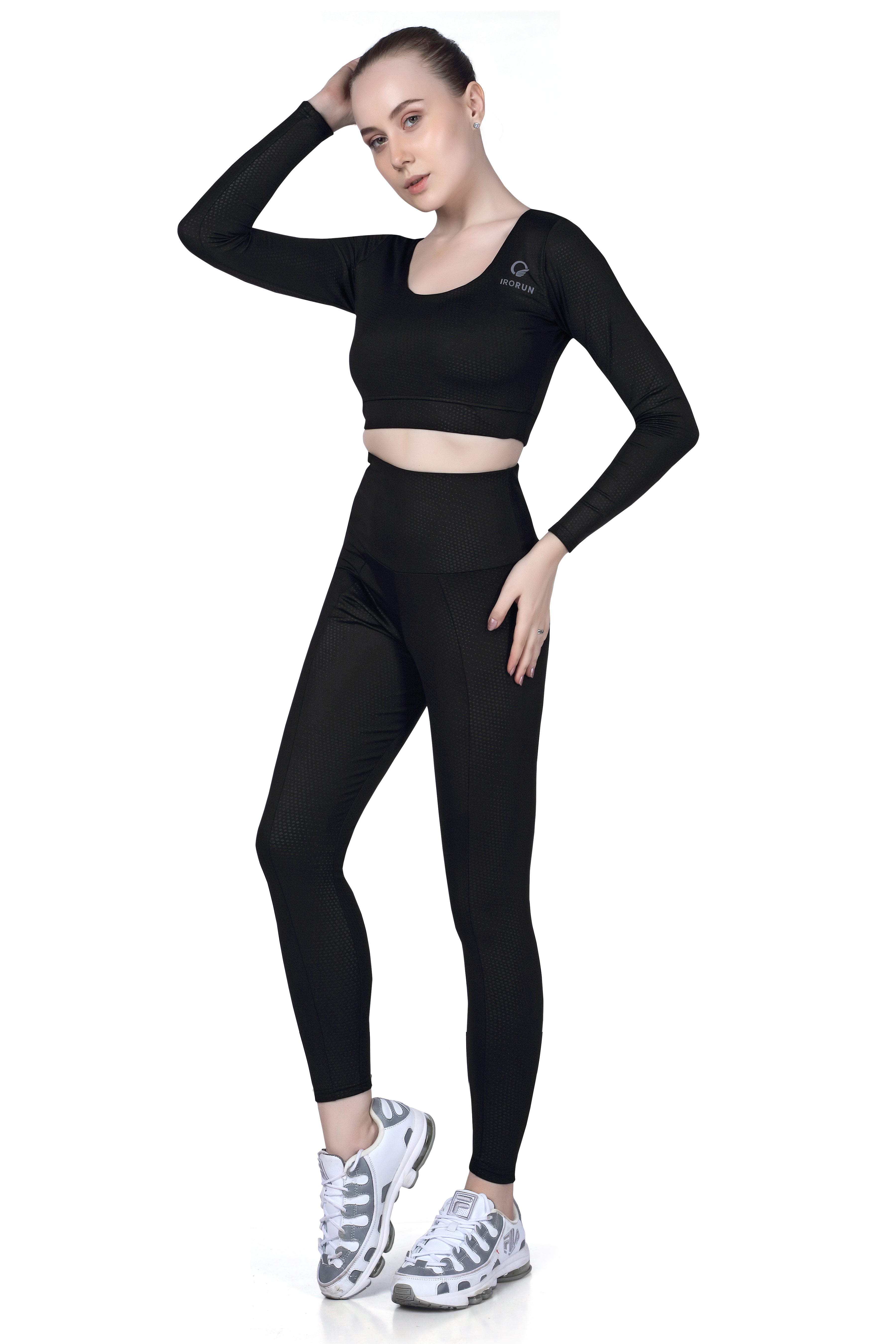 Scoop Backless Crop Top – Full Sleeve Dot Print